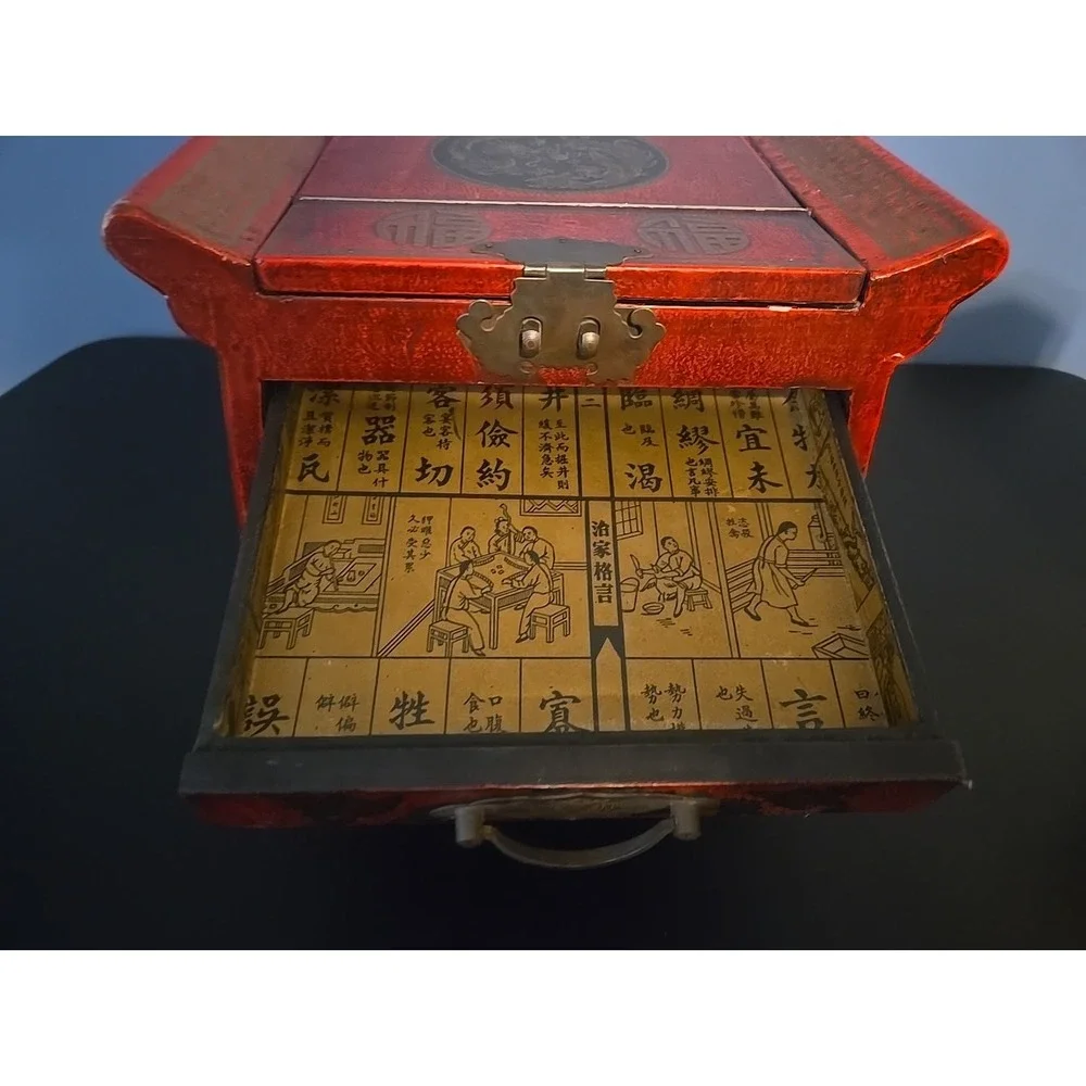 Old‎ Chinese Red lacquerware Wood Dragon Phoenix Flower Drawer Makeup Box